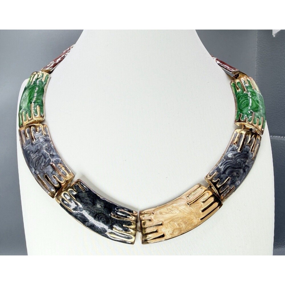 Vintage Marbled Enamel Gold Tone Articulated Collar Necklace 106g